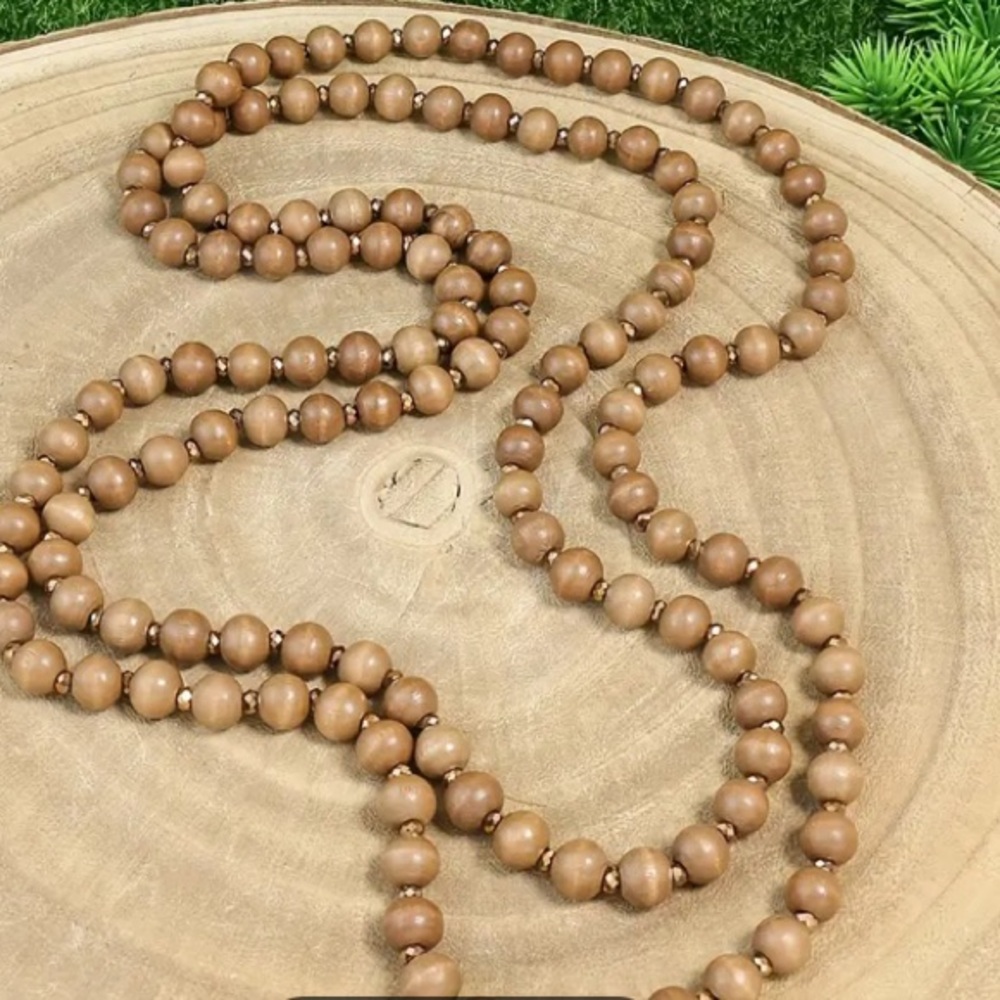 Long Hang Wood Bead and Metallic Bronze Bead Necklace NWT - Picture 6 of 6